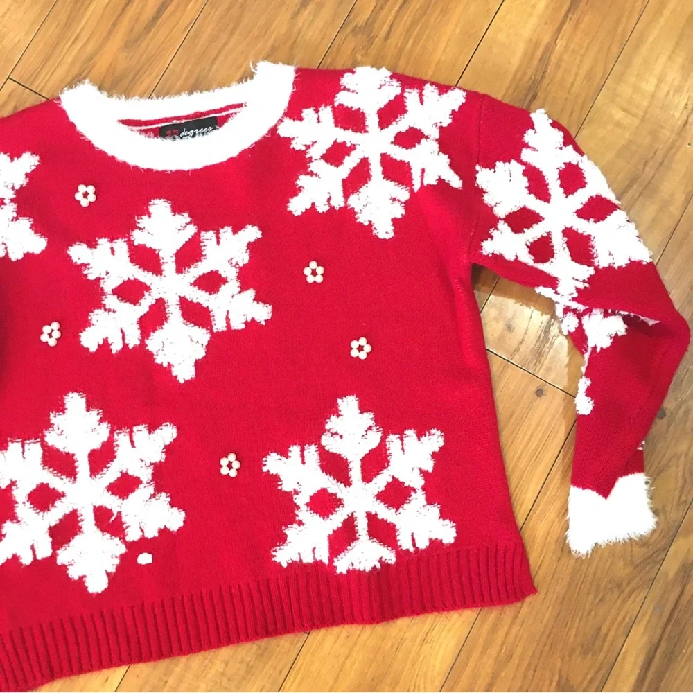 33 Degrees Christmas sweater puffy fabric snowflakes red white cozy small - Picture 6 of 10